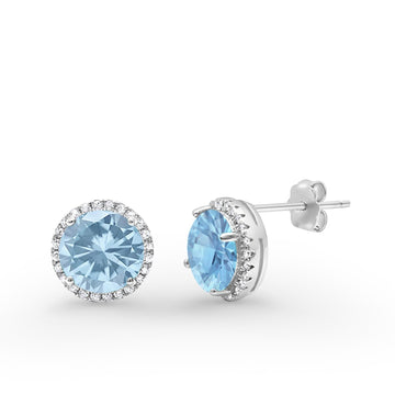 Halo Wedding Simulated Aquamarine CZ 925 Sterling Silver Stud Earrings 8mm